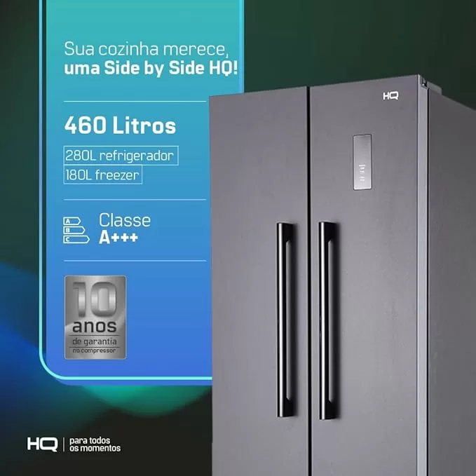 Geladeira Refrigerador HQ Frost Free Side By Side 460 Litros Cinza HQ-460SBSFF (127V)